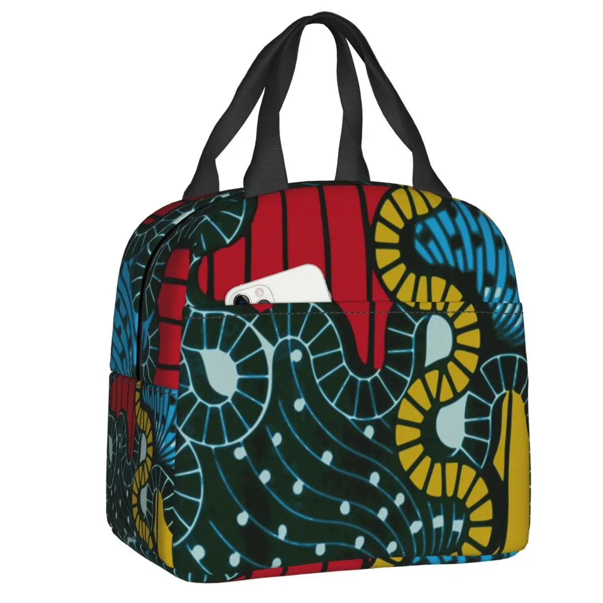 

African Ankara Fabric Insulated Lunch Bag Women Waterproof Tribal Geometric Art Cooler Thermal Lunch Box Beach Camping Travel
