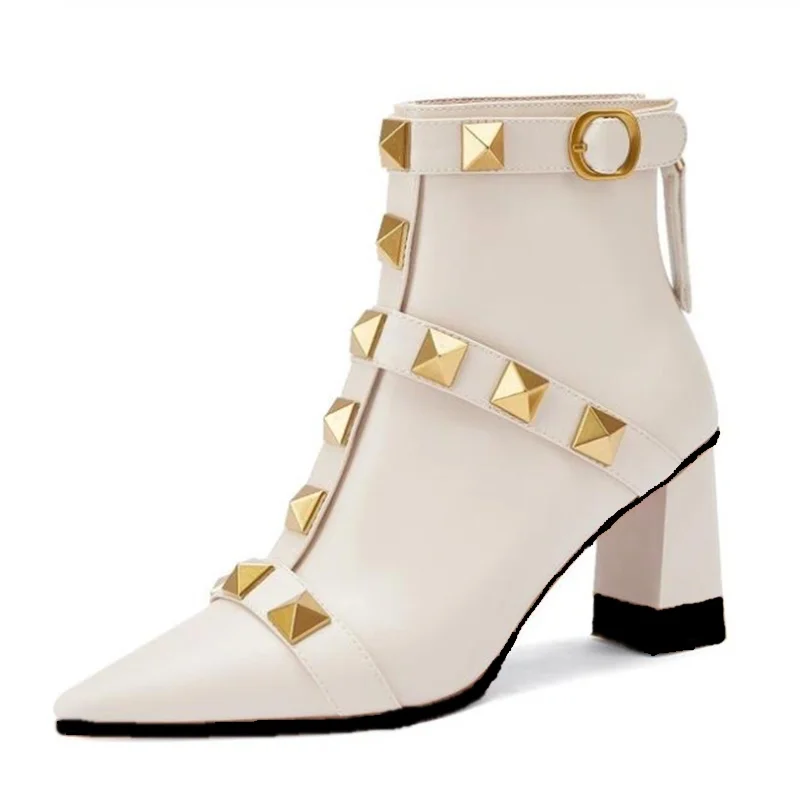 autumn winter fashion pointed toe women shoes punk soft leather thick high heel rivet short boots black brown white shoe boots