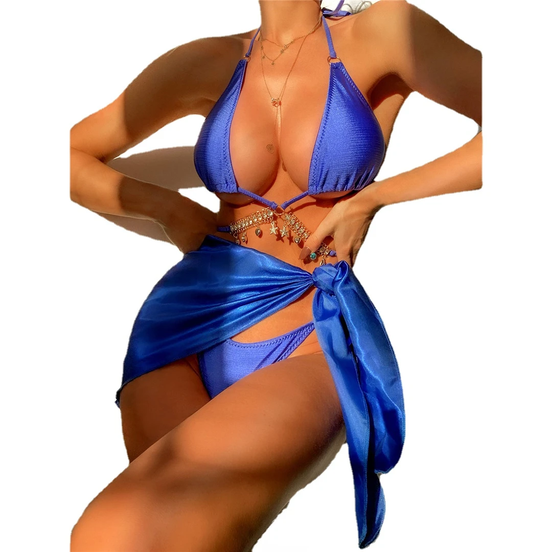 

Стразы комплект бикини со стразами с саронгом Женская одежда для плавания с лямкой на шее Королевский синий женский купальный костюм из тре...