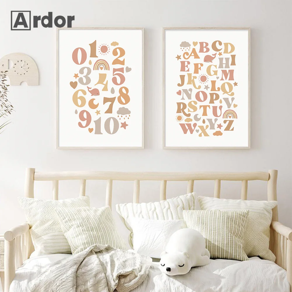 

Cartoon Rainbow Cloud Alphabet Number Nursery Poster Print Canvas Painting Beige Wall Art Pictures Kid Play Room Baby Room Decor