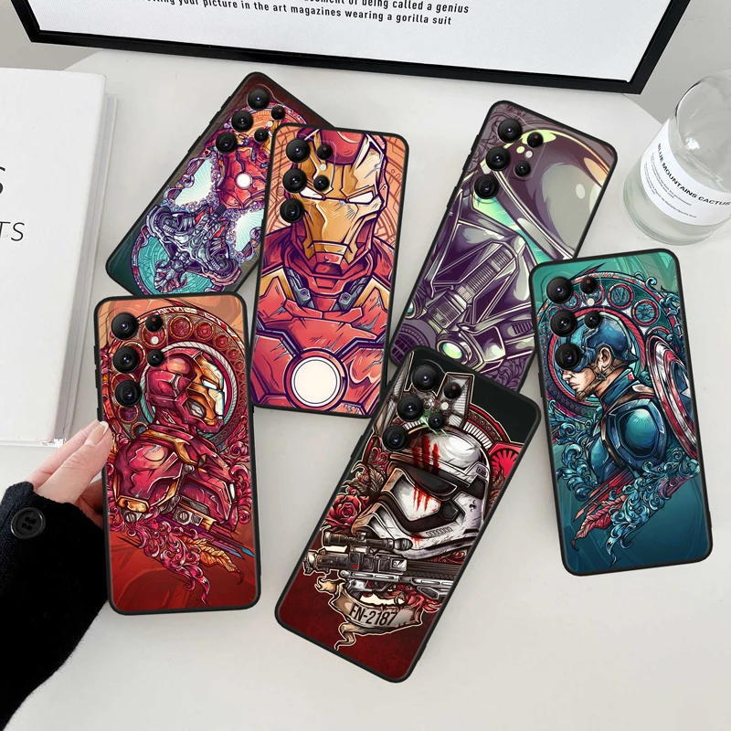 

Captain America Iron Man Black Phone Case For Samsung Galaxy S23 S22 S21 S20 FE Ultra Pro Lite S10 S10E S9 Plus 5G