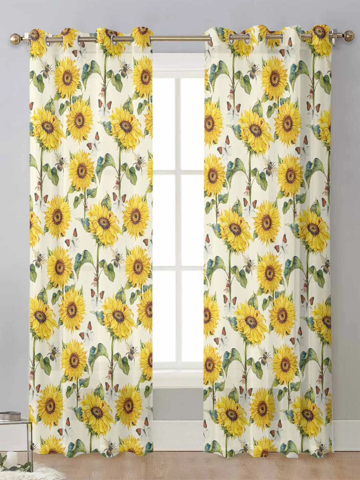 

Sunflower Flower Bee Butterfly Sheer Curtains For Living Room Window Transparent Voile Tulle Curtain Cortinas Drapes Home Decor