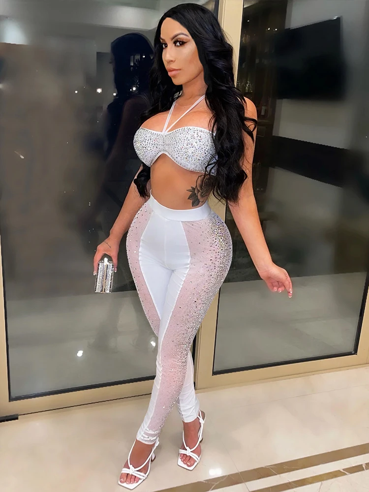 

Vintage Mesh Sheer Hot Drill Two Piece Club Outfits Female Tracksuit Spaghetti Strap Slim Crop Top and See Through Pencil Pants