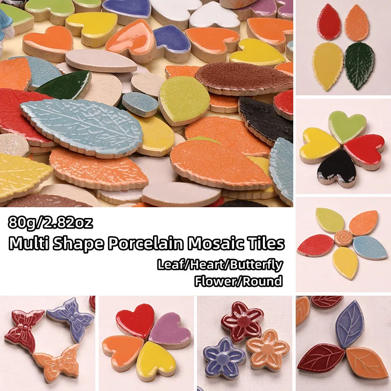 80 г/2,82 унций, в форме листа, искусственное сердце/бабочка/цветок/круглая керамическая мозаика, искусственный камень, несколько цветов