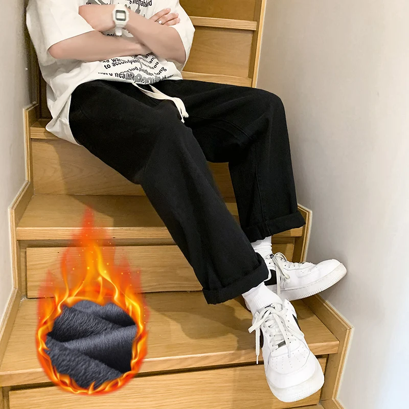 

Winter Men's Loose Plus Velvet Jeans Fashion Warm and Thick Baggy Casual Denim Trousers Korean Version of The Street Black Pants