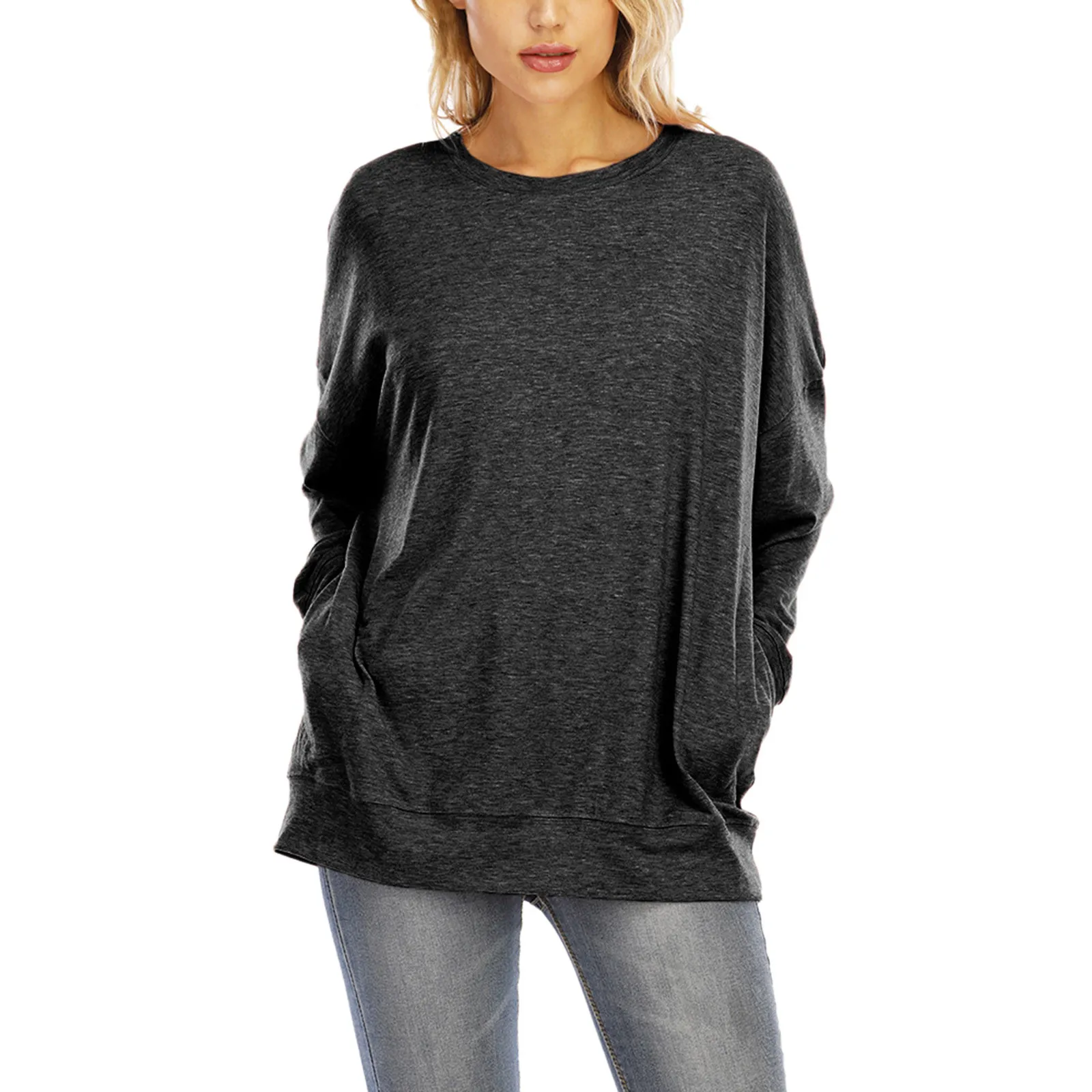 

Женская Повседневная Однотонная футболка с длинным рукавом и карманом