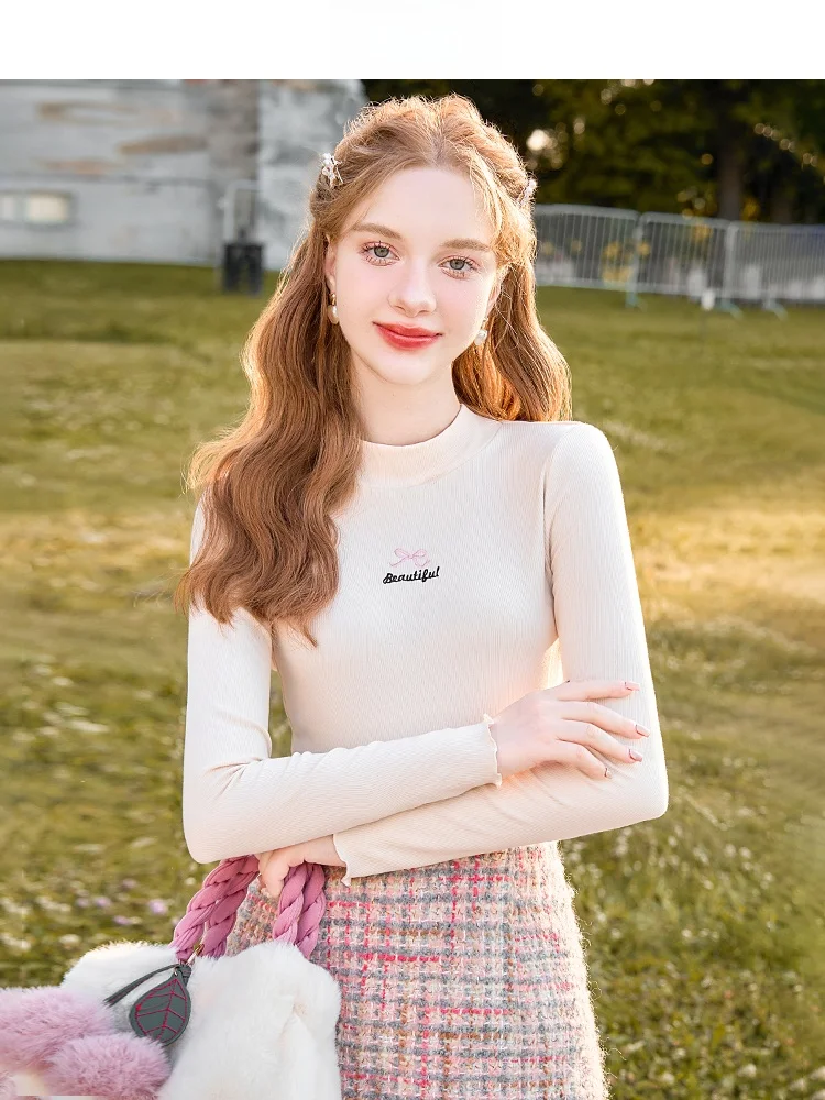 Ge Yi Ni 2025: весна и осень женская французская футболка с воротником до половины