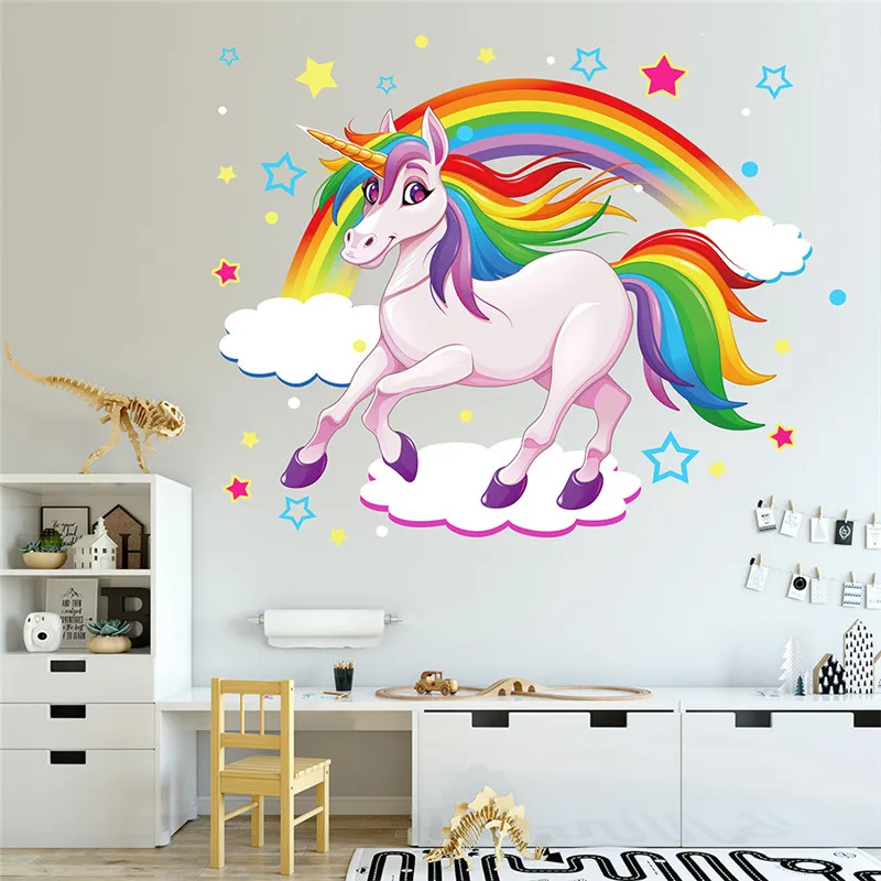 Rainbow & Unicorn Running On Clouds Wall stickers Room Decoration Art Vinyls Decals Children Kids Living Bedroom Home Mural | Дом и сад