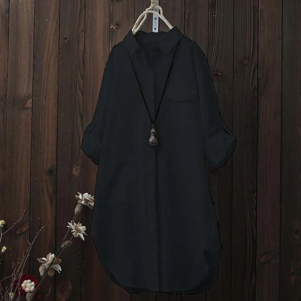 

Женская льняная хлопковая блузка, платье-рубашка для пляжа и отпуска, Новая повседневная Свободная Женская длинная рубашка, однотонная оде...