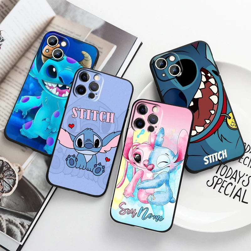 

Cute Stitch Angel Lilo For Apple iPhone 14 13 12 11 Pro Max Mini XS Max X XR 6S 6 7 8 Plus 5S SE2020 Soft Black Phone Case Cover