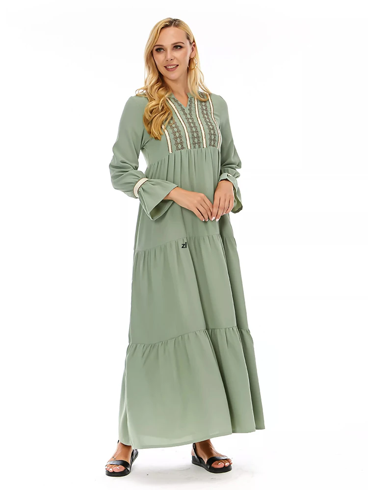 

Women Dress Summer 2022 V-Neck Flare Long Sleeve Ethnic Embroidered Arab Oman Turkey Muslim Dresses Loose Empire Swing