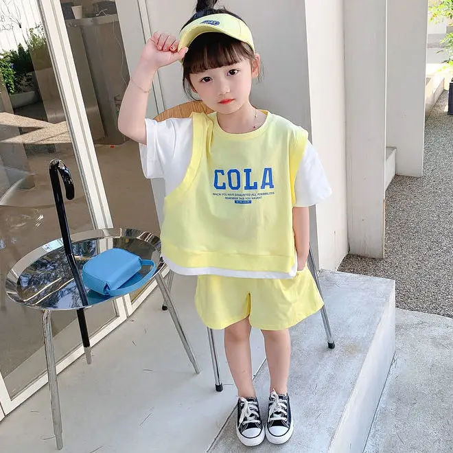 Cotton girls' short sleeved suit summer new imitation two-piece set western style medium and large children's two-piece set