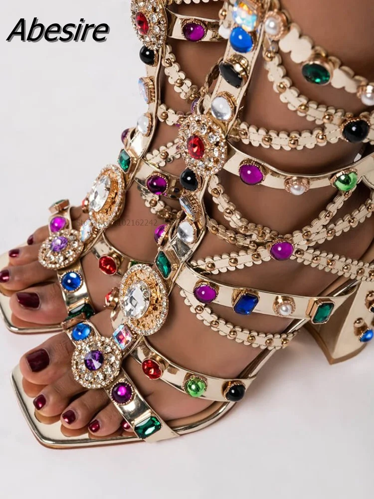 

Woman Sandal Boots Rhinestone Lady Knee High Boots Thin High Heels Chunky Heel Crystal Summer Shoes Sandalias Bohemia Style