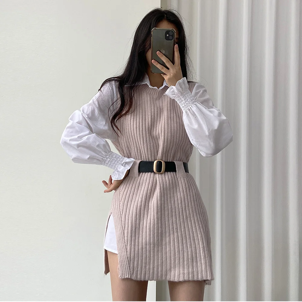 

Женское платье корейское шикарное зимнее платье-свитер с длинным поясом и круглым вырезом