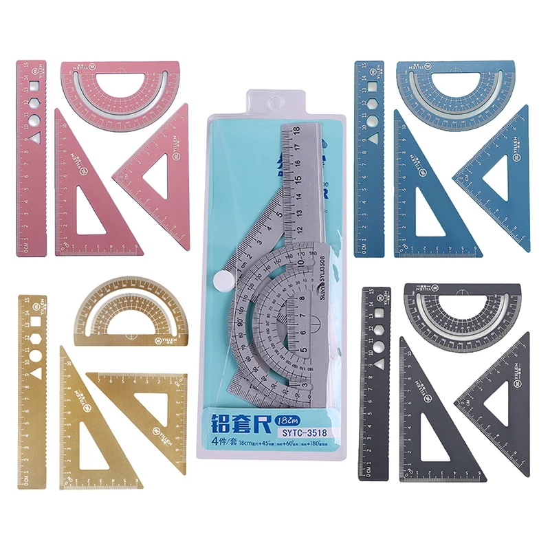 

4 pcs/Set Square Triangle Ruler Aluminum Alloy Protractor Set Drawing School Supplies 5 Colors Available