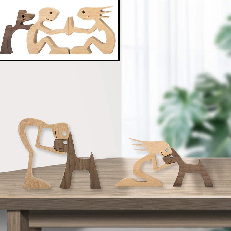

Wood Dog Craft Family Puppy Figurine Desktop Table Ornament Home Office Decoration Carving Model Pet Sculpture Nordic Ornaments