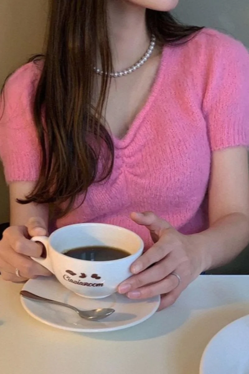 Женский облегающий свитер с V-образным вырезом коротким рукавом | Женская одежда