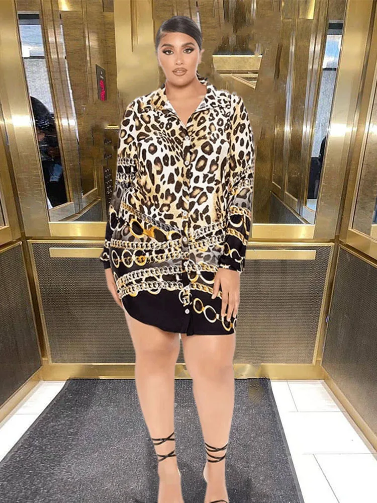 

HAOOHU Leopard Satin Dress Long Sleeve Women Plus Size Dresses Big Size Lady Print Sexy Shirt Short Dress Urban Commute Casual