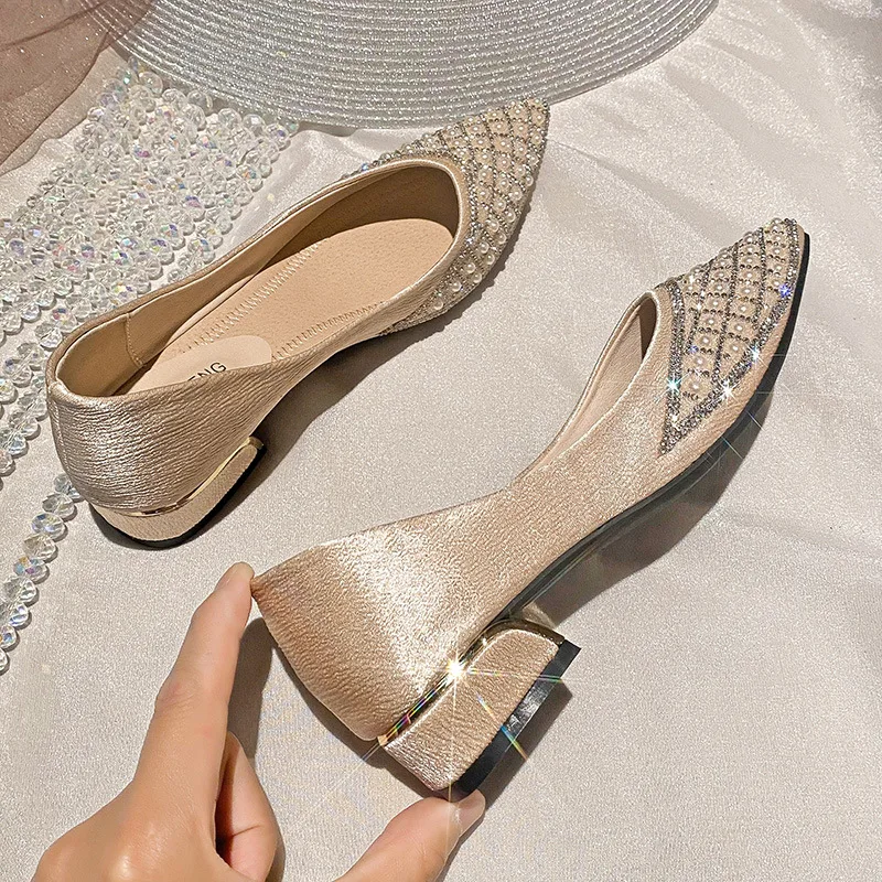 Women's Pumps New Med-heeled Woman Party Fashion Shoes Ladies Casual Loafers Crystal Pointed Toe Elegant Shoes Female Wedding