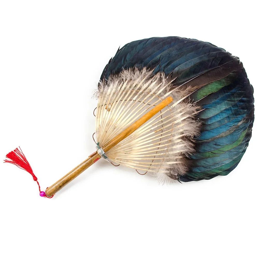 

Natural Feather Fan Chinese Style Integrated Lens Folding Fan Decor Handmade Fan Dance Prop Fan Zhuge Liang Feature Fan