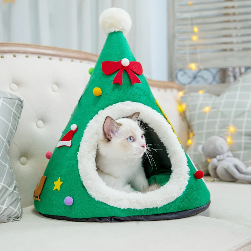 

Warm Pet Bed Christmas Hat Shape Cat Kennel House Soft Plush Nest Puppy Small Cat Sleeping Beds Tent Portable Pet Cushion Mat