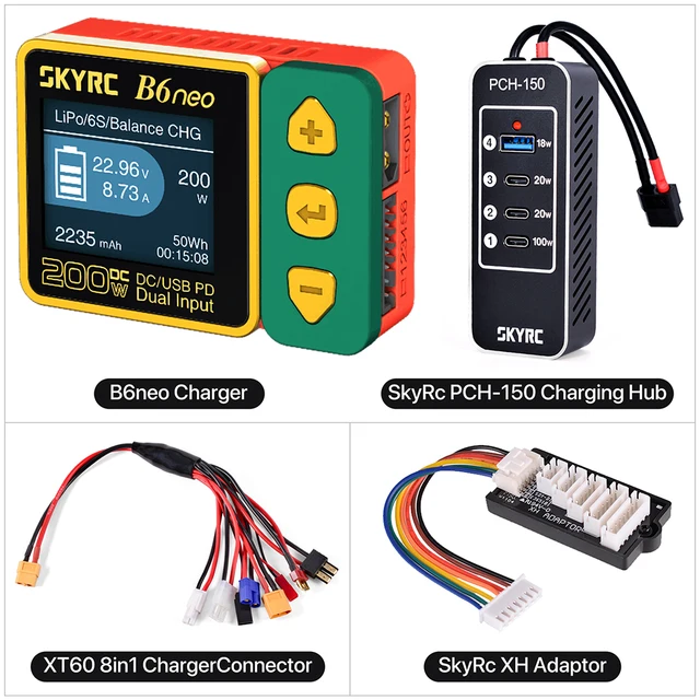 SkyRC B6neo Xmas green + PCH150 Charging Hub + XT60 8in1 wire connector + XH adaptor
