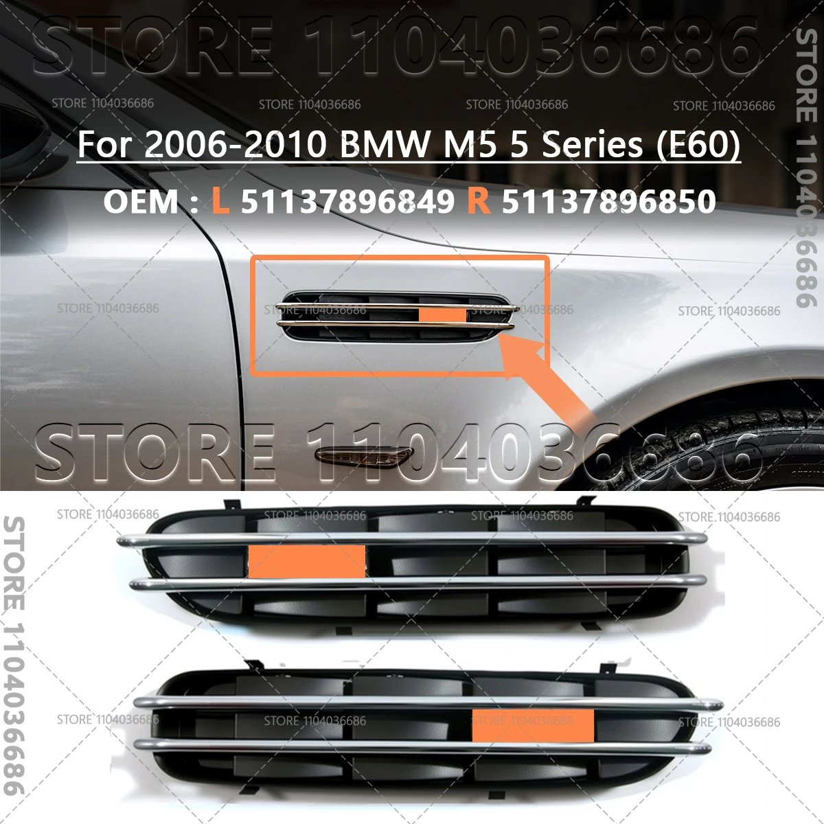 

Для 2006-2010 E60 BMW M5 5 серии, передняя решетка крыла, панель, новый хромированный автомобильный крыло, боковые вентиляционные отверстия 51137896849 51137896850