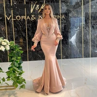charming pink evening dress woman sparkly beaded appliqued prom gowns long sleevels sweep floor wedding party night dresses