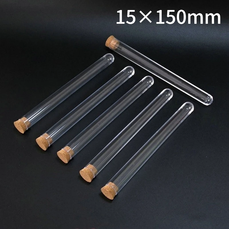 

100pcs/lot lab 15x150mm clear plastic test tube with cork u-shape bottom tube with wooden stoppers