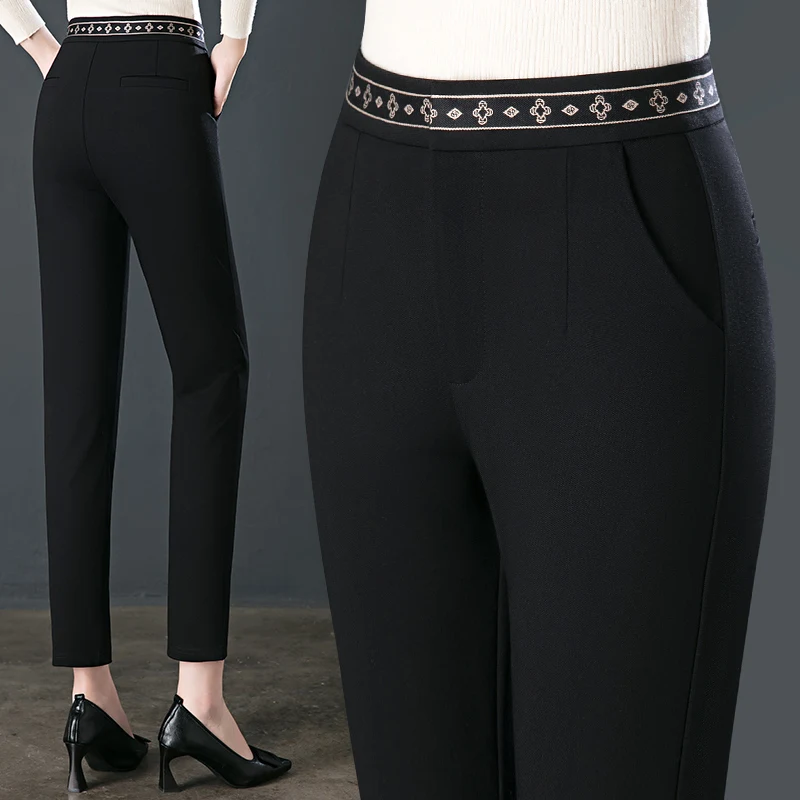 

Nine Points Black Suit Pants Women's Autumn New Elastic High-waisted Straight-leg Pants Professional Cigarette Pipe Trousers