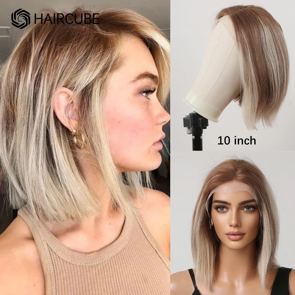 Bayalage Blonde Brown Human Hair Wig Ombre Short Lace Frontal Wig Bone Straight Remy Hair T-Part Lace Wigs for Women Natural