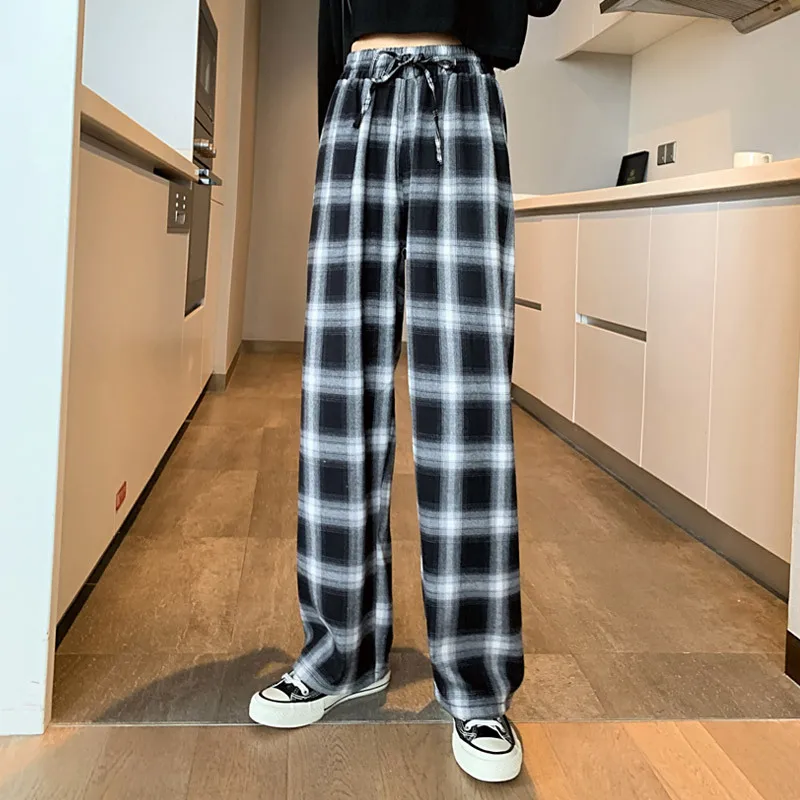 Модные черные и белые клетчатые широкие брюки Y2k женские свободные прямые