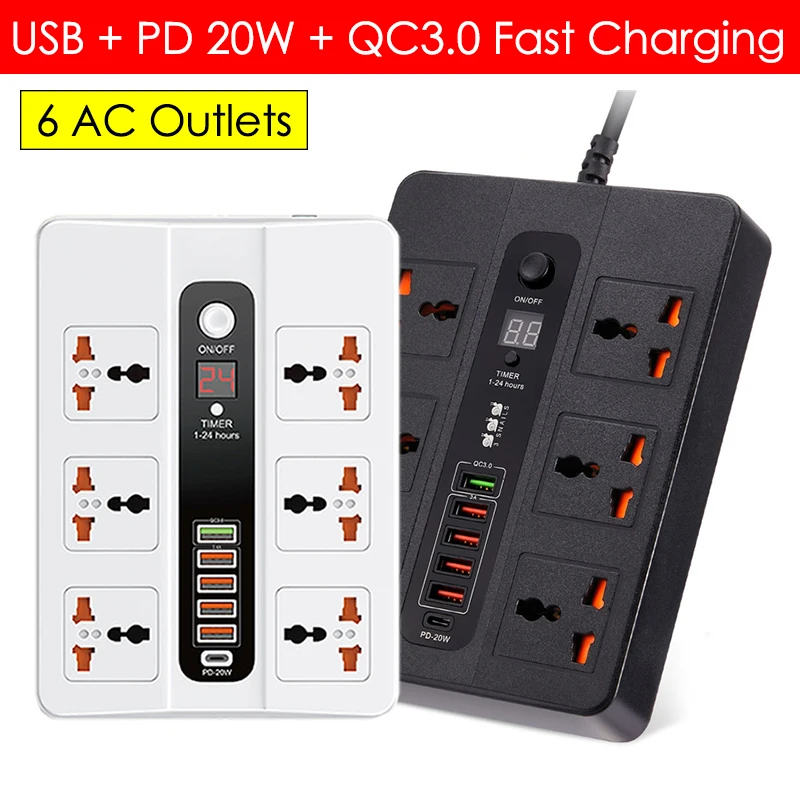 

Зарядное устройство сетевое с 6 USB-портами и поддержкой быстрой зарядки, 20 Вт, 3000 Вт
