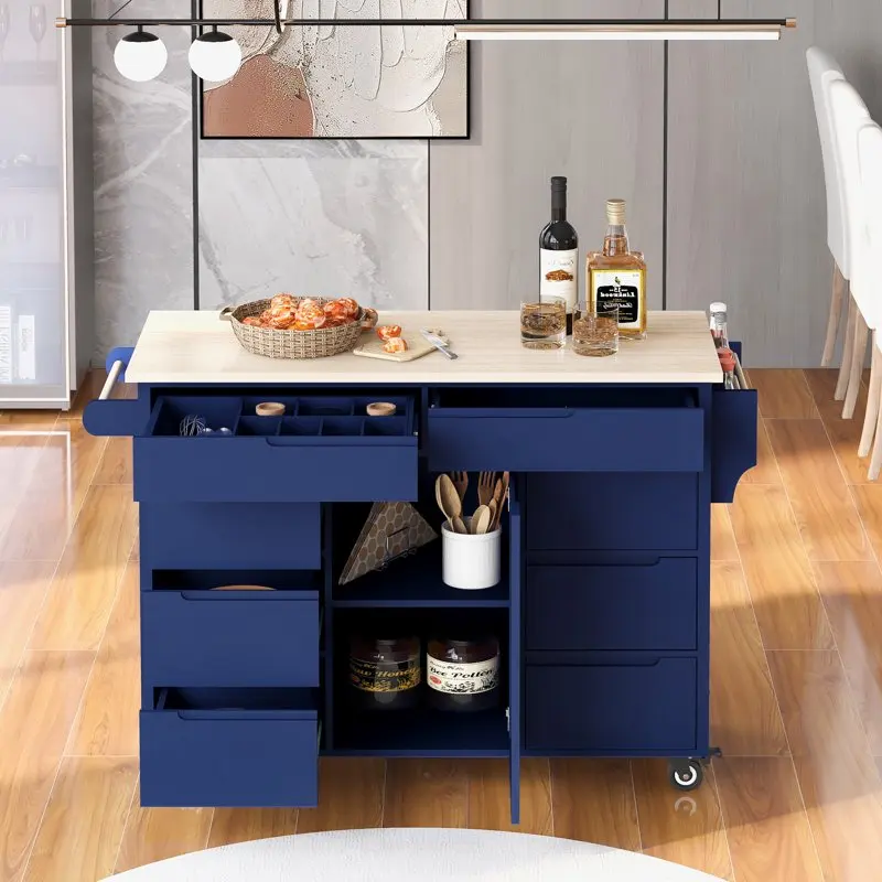 

Kitchen Islands with Storage,Rolling Kitchen Cart with 8 Drawers & Flatware Organizer &Towel & Storage Rubber wood ( Dark Blue)