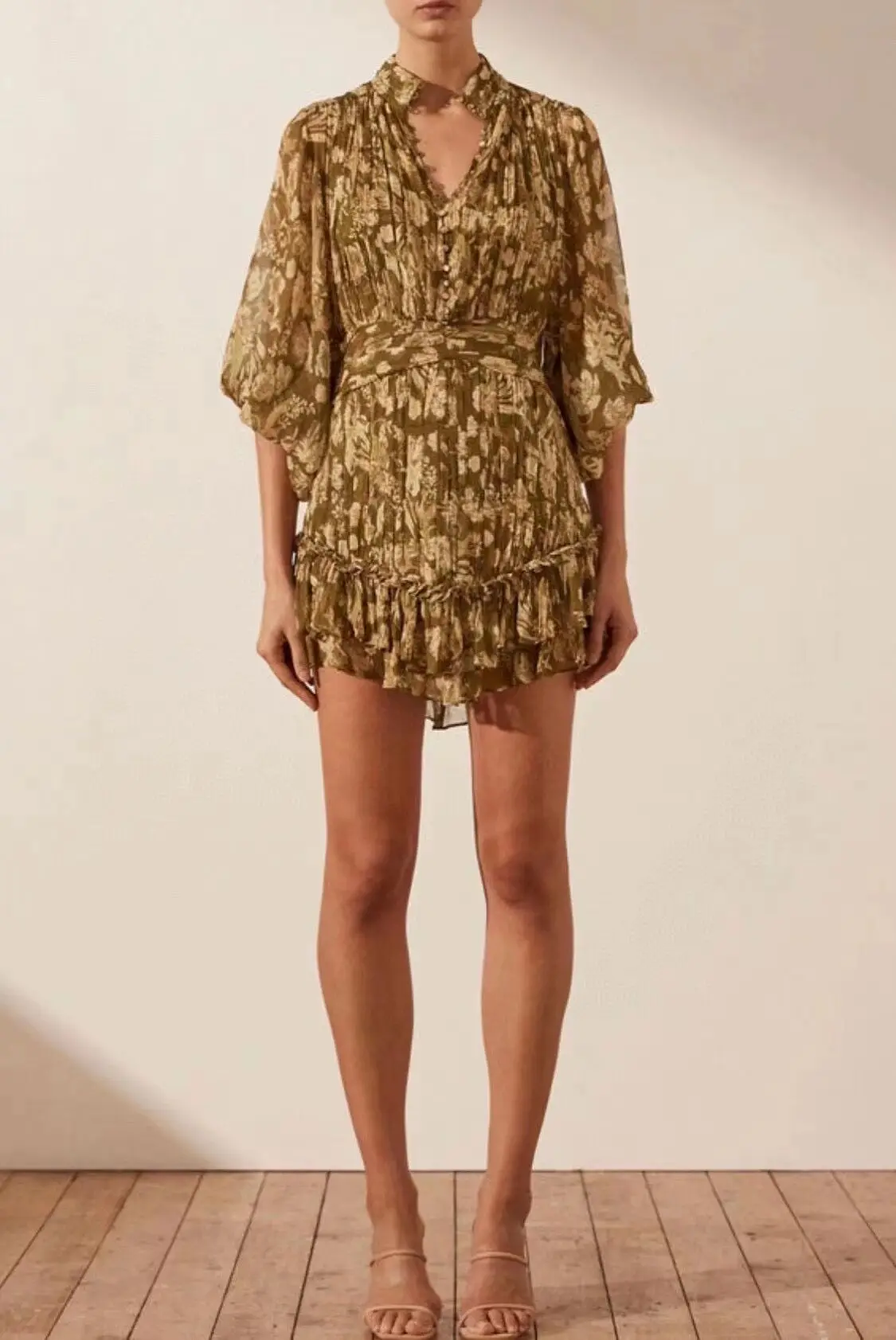 

Женское асимметричное короткое платье, повседневное однобортное плиссированное платье мини с винтажным принтом, коротким рукавом и высокой талией, новинка 2023