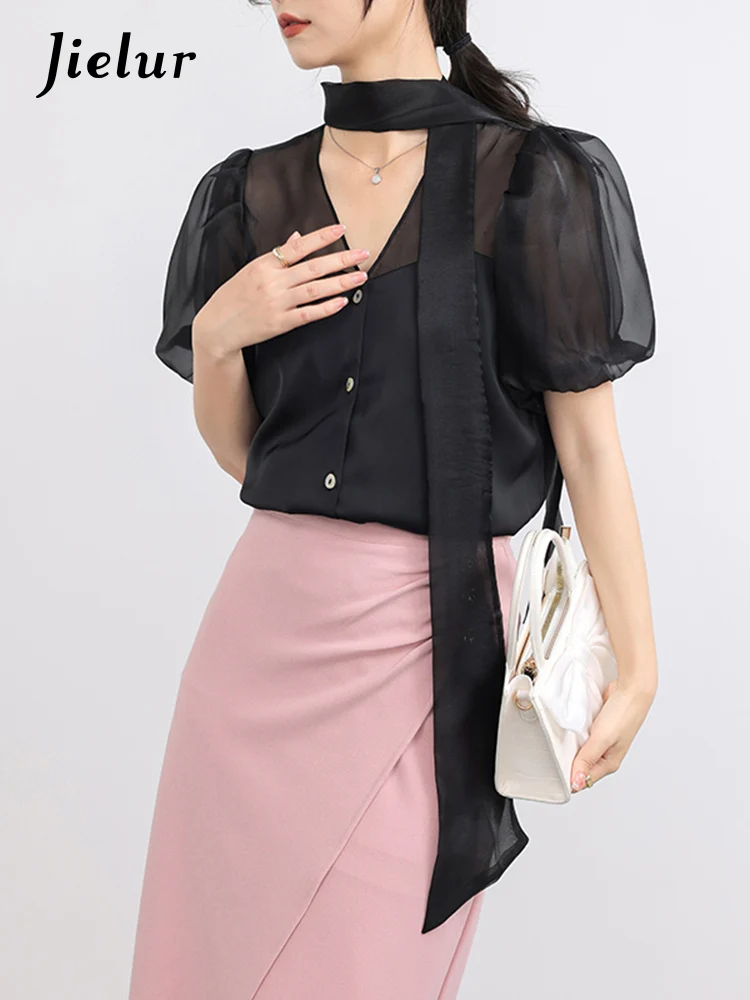 Jielur Летняя новая однотонная тонкая женская блузка милая Элегантная для женщин