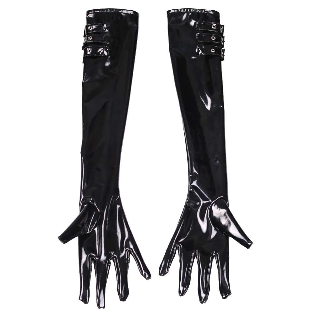 

Women Lady Sexy Faux Leather Long Gloves Maid Stage Performance Adjustable Buckle Nightclub Glossy Black Stylish