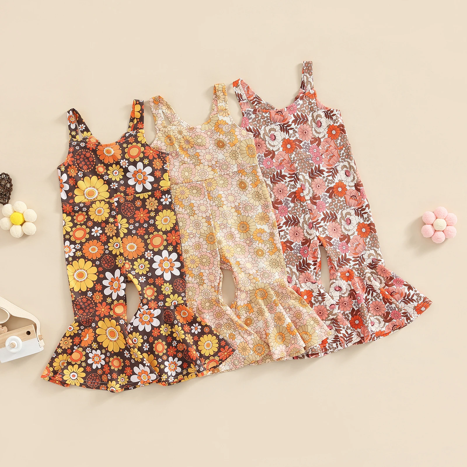 

Kids Infant Baby Girls Casual Romper, Floral Printed Sleeveless Sling Flared Long Pants Jumpsuit 1-5T