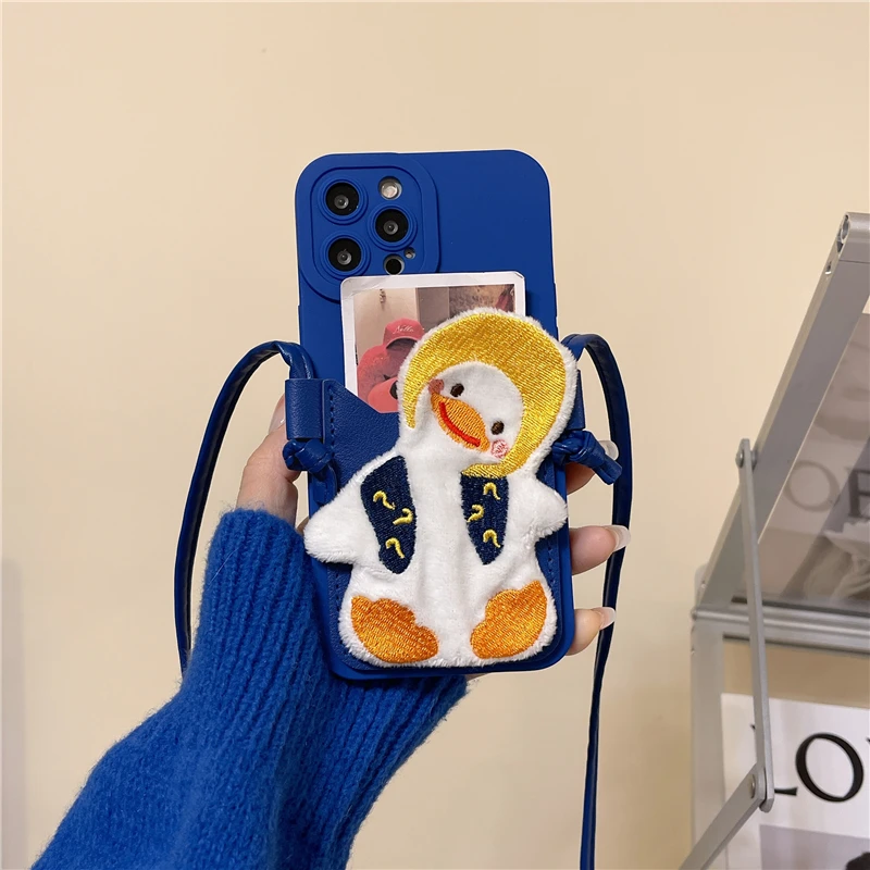 

Korea cute crooked head duck Card Pocket lanyard silicon phone case for iphone 13 Pro Max 11 12 Pro Max Xs Xr 7 8plus X Se cover
