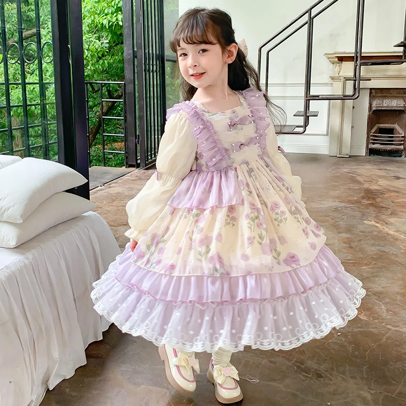 

Long Sleeve Dress Girl 2023 Children Boutique Design Lolita Dress for Parties Infants Spanish Floral Lace Ball Gown Kids Outfit