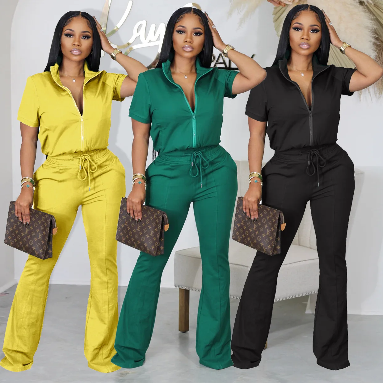

Fashion Explosive Pant Suits 2023 Spring Summer Short-sleeved Zipper Top Set Flared Pants Casual 2 Piece Tracksuit Women