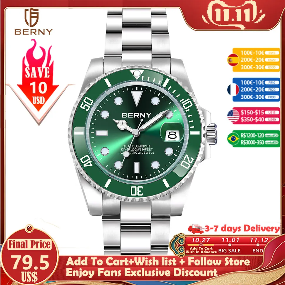 Цена Часы мужские водонепроницаемые механические с сапфировым стеклом и автоподзаводом