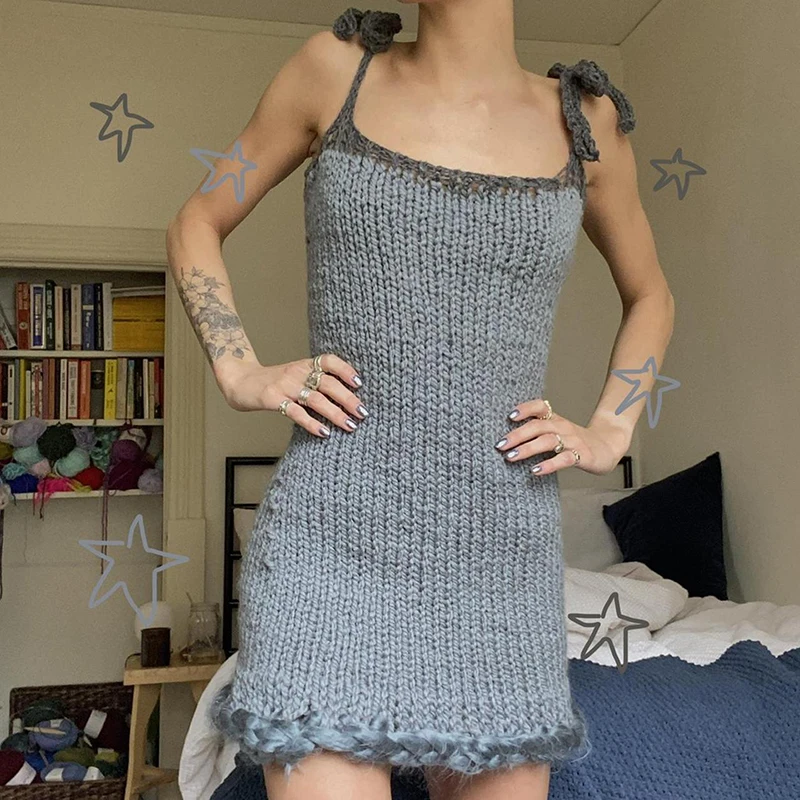Y2K Kawaii вязаное мини-платье Fairycore гранж Ретро винтажное лоскутное платье с