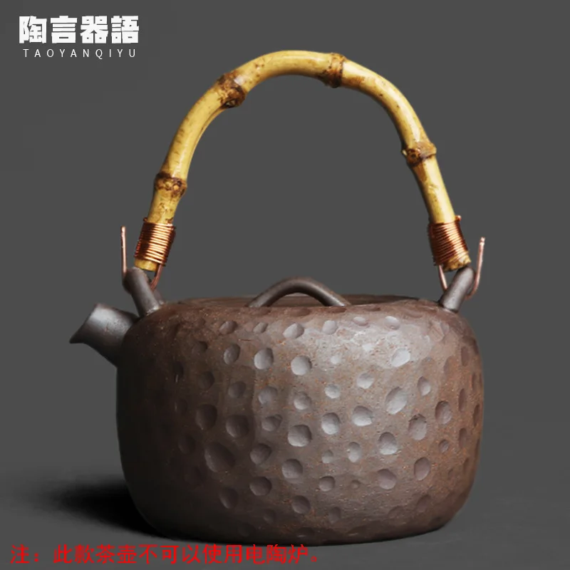 

Rock mine clay bamboo rattan teapot ring handle handmade retro pottery Japanese Zen tea table tea maker single pot