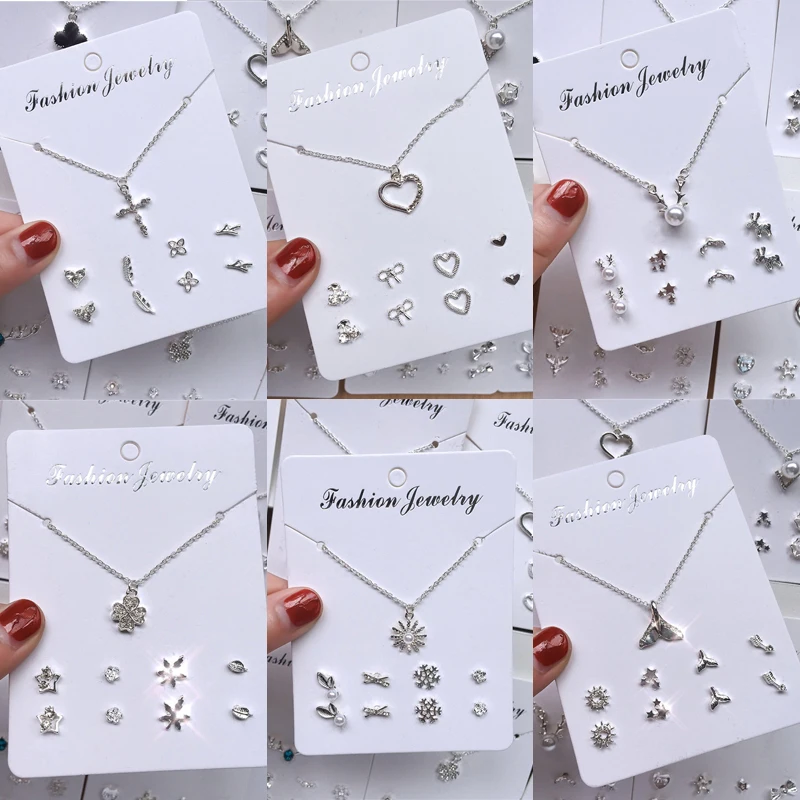 Korean Trendy Zircon Pendant Necklace 4 Pairs Stud Earrings Fashion Jewelry Set Simple Silver Color Clavicle Chain Ear Stud Set