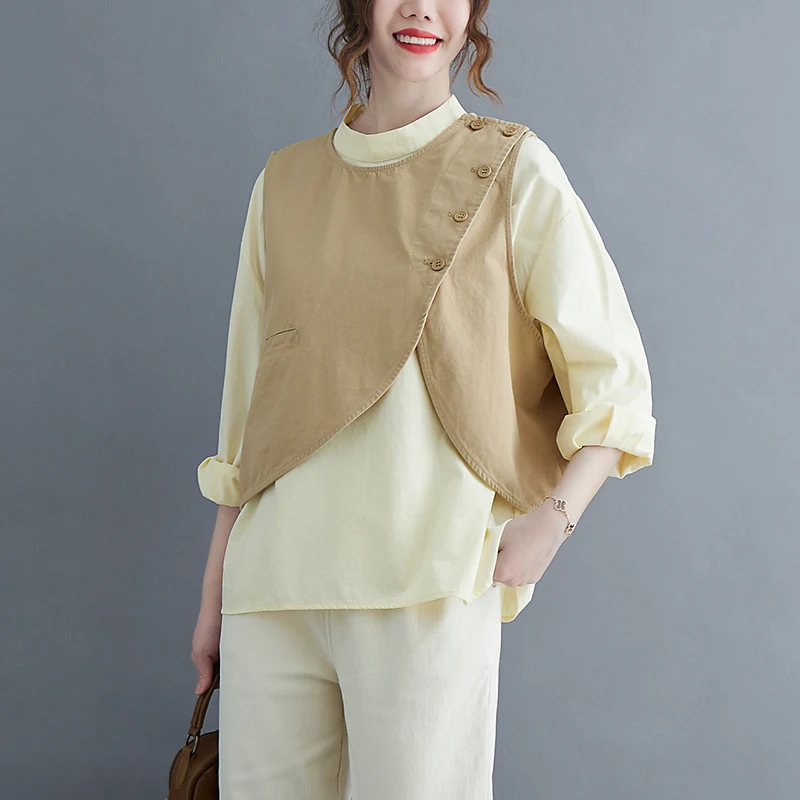 

Fashion Vest Shirt Suit Women's Design Irregular Single-breasted Short Vest Loose Solid Color Long Sleeves Shirt Two-piece Set