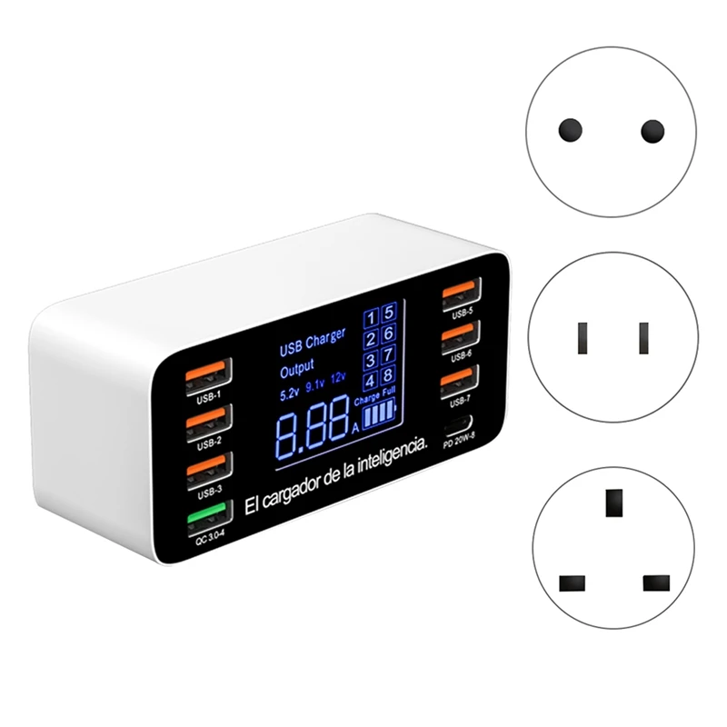 

60W 8 Ports USB Phone Charger QC3.0 PD Type C USB C Fast Charger Quick Charge 3.0 Smart LED Display