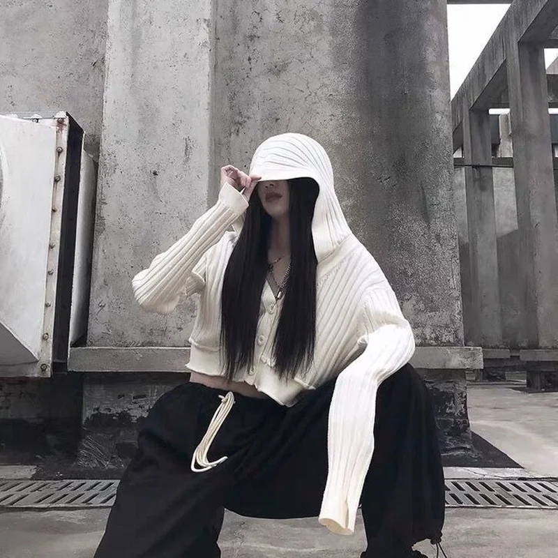 Deeptown Gothic Dark White Hoodie Women Y2K Streetwear Emo V-neck Crop Top Black Sweater Cardigan Sexy Button Hooded Sweatshirt