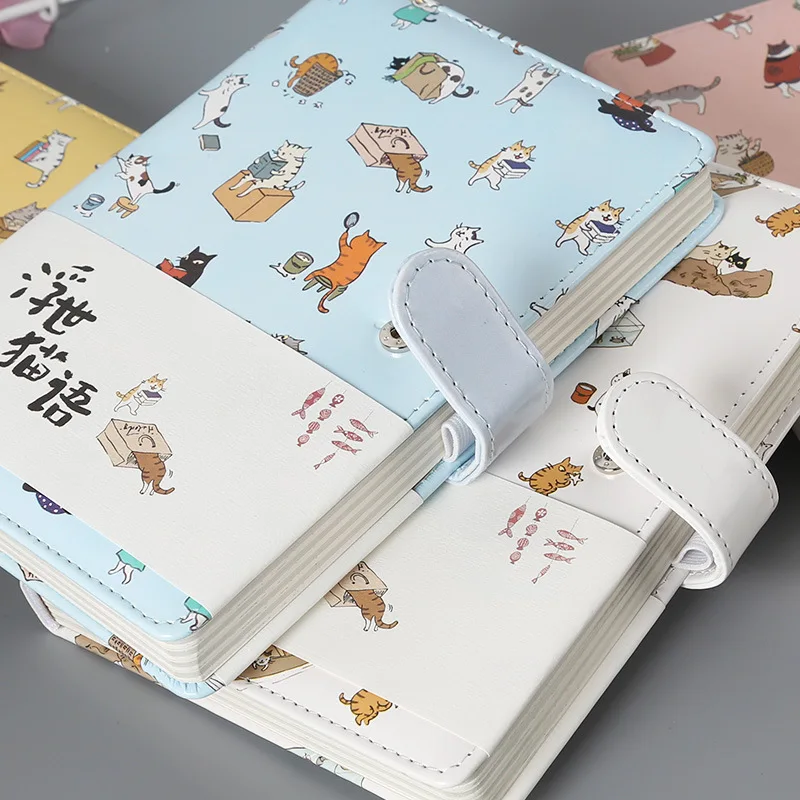 

Creative Stationery Cute Cat Notebook Leather Cover Kids Notebook with Color Paper Binder Diary Gift School Supplies