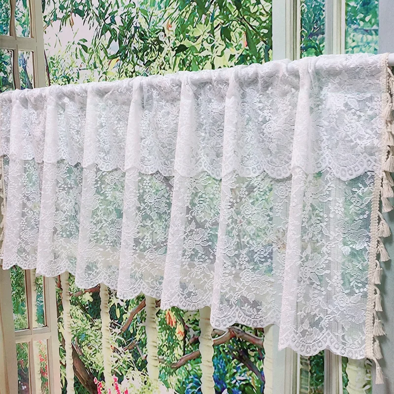 

Floral Rose Lace Curtain Valance Half Curtain Vintage Knitted Semi Sheer Rod Pocket Curtains for Kitchen Cafe Dinning Room